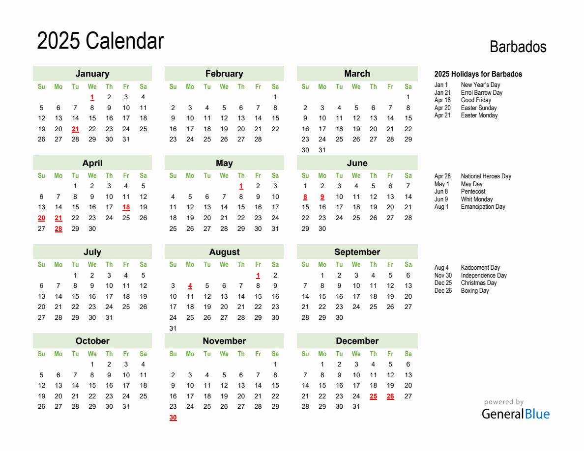 Holiday Calendar 2025 for Barbados (Sunday Start)