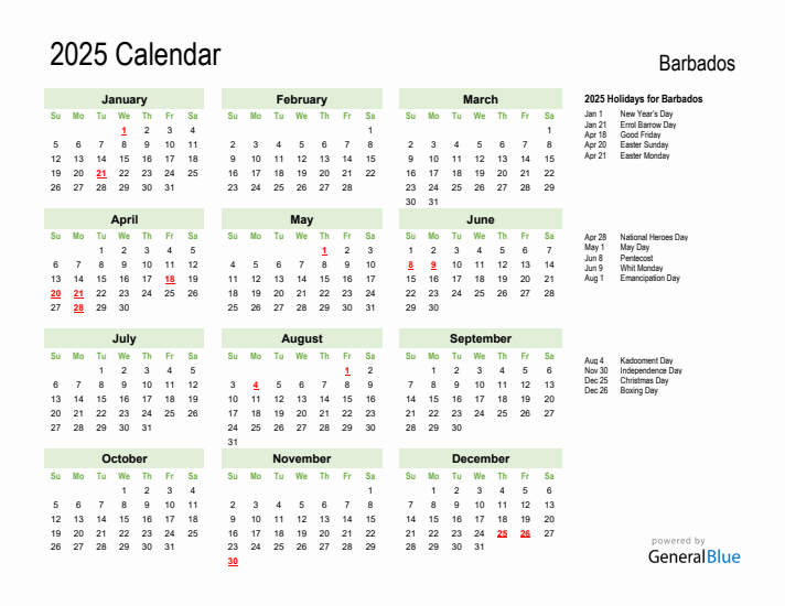 Holiday Calendar 2025 for Barbados (Sunday Start)