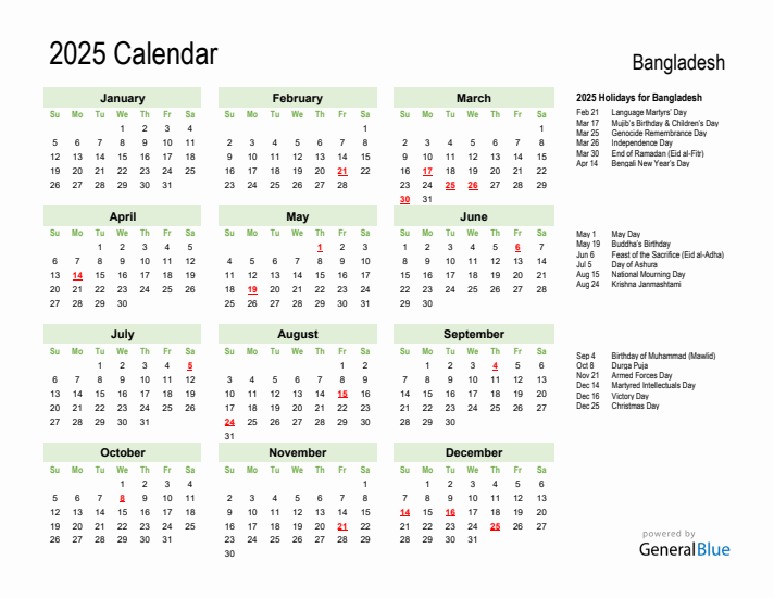 Holiday Calendar 2025 for Bangladesh (Sunday Start)