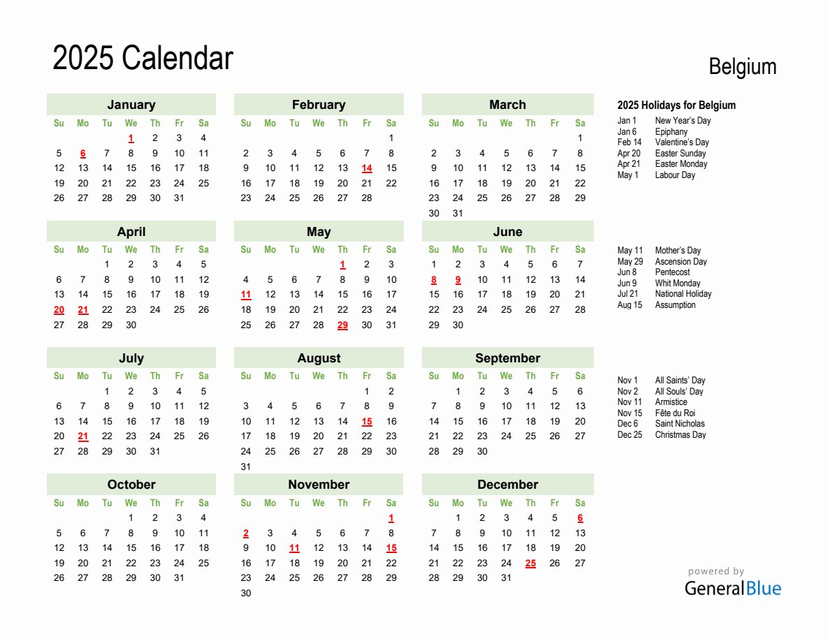 Holiday Calendar 2025 for Belgium (Sunday Start)