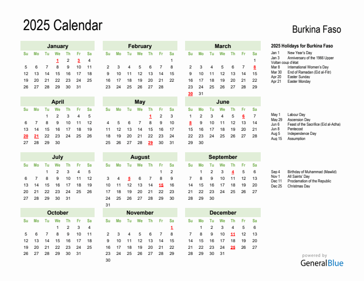 Holiday Calendar 2025 for Burkina Faso (Sunday Start)