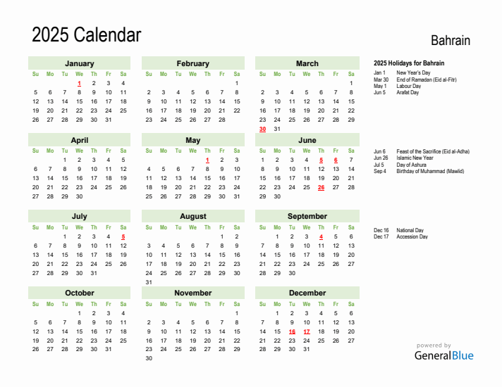 Holiday Calendar 2025 for Bahrain (Sunday Start)