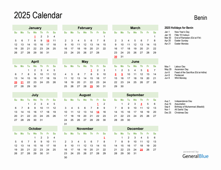 Holiday Calendar 2025 for Benin (Sunday Start)