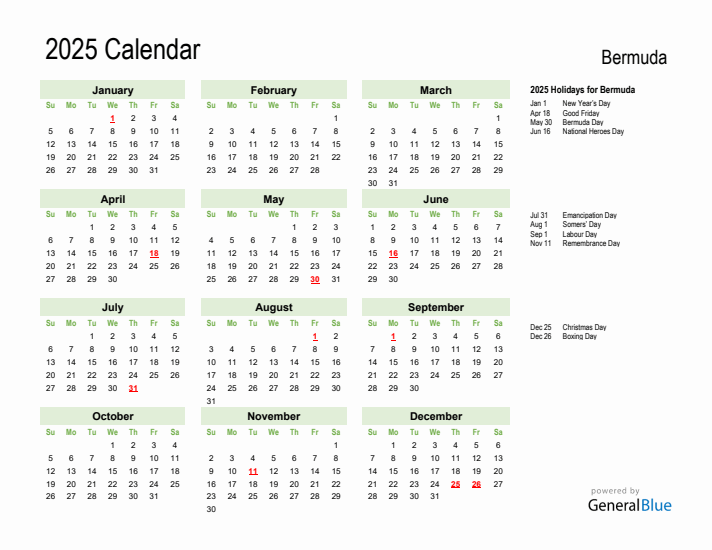 Holiday Calendar 2025 for Bermuda (Sunday Start)