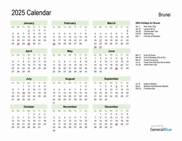 Holiday Calendar 2025 for Brunei (Sunday Start)