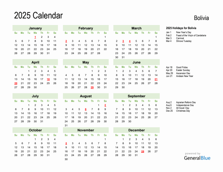 Holiday Calendar 2025 for Bolivia (Sunday Start)