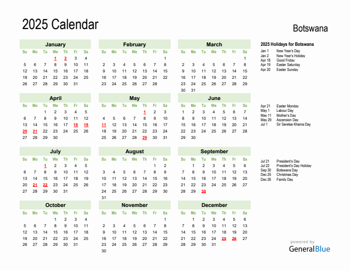 Holiday Calendar 2025 for Botswana (Sunday Start)