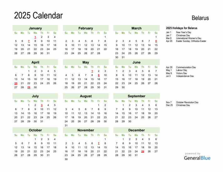 Holiday Calendar 2025 for Belarus (Sunday Start)