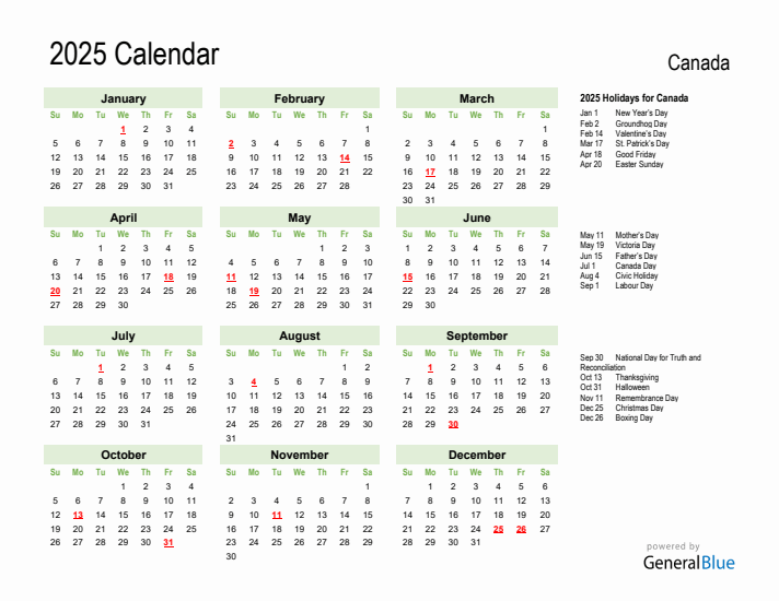 Holiday Calendar 2025 for Canada (Sunday Start)