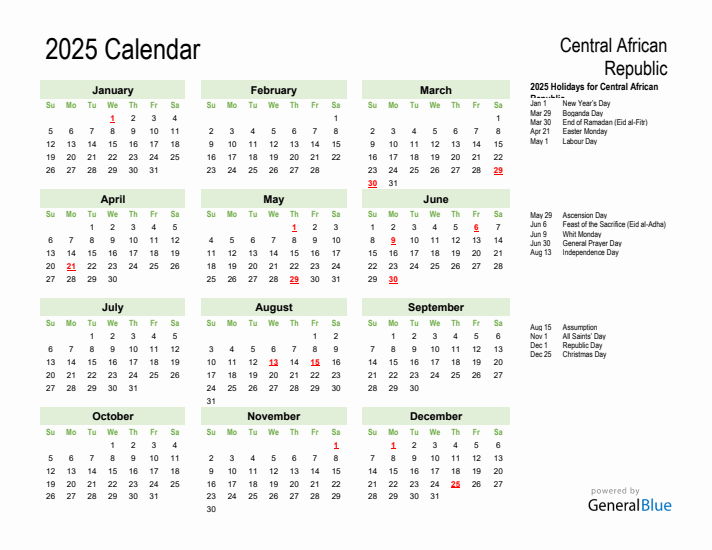 Holiday Calendar 2025 for Central African Republic (Sunday Start)