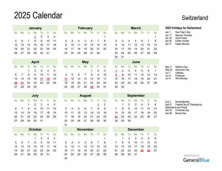 Holiday Calendar 2025 for Switzerland (Sunday Start)