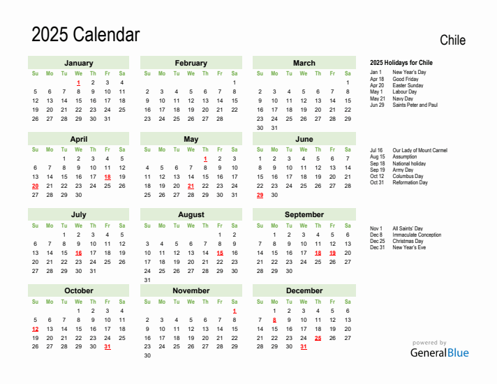 Holiday Calendar 2025 for Chile (Sunday Start)