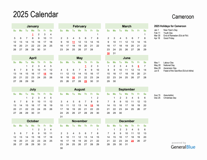 Holiday Calendar 2025 for Cameroon (Sunday Start)