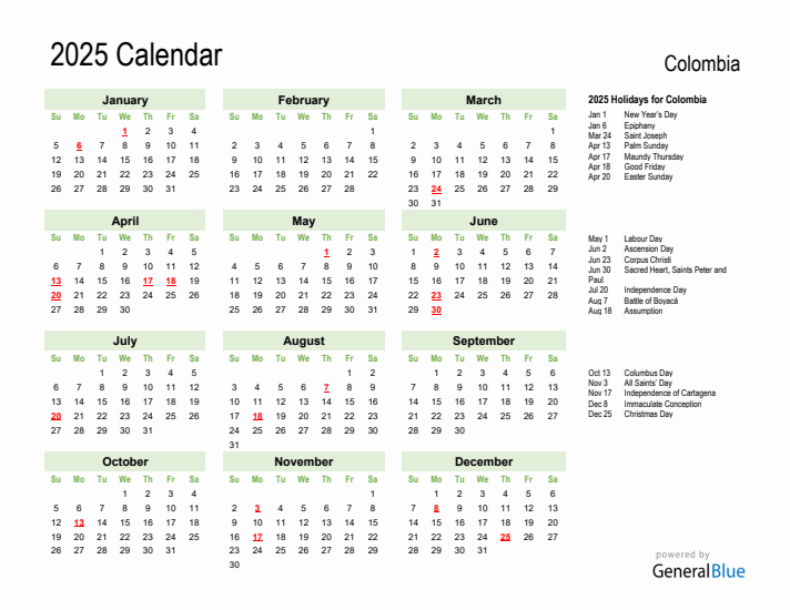 Holiday Calendar 2025 for Colombia (Sunday Start)