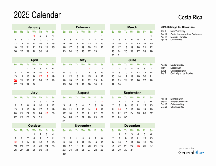 Holiday Calendar 2025 for Costa Rica (Sunday Start)