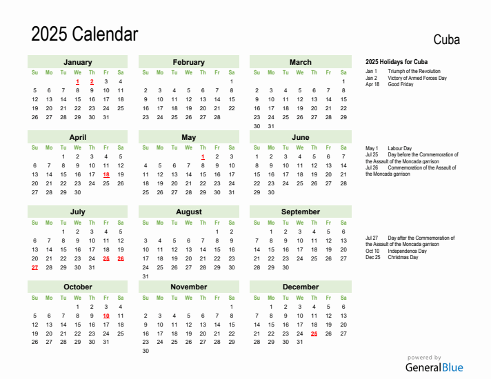 Holiday Calendar 2025 for Cuba (Sunday Start)