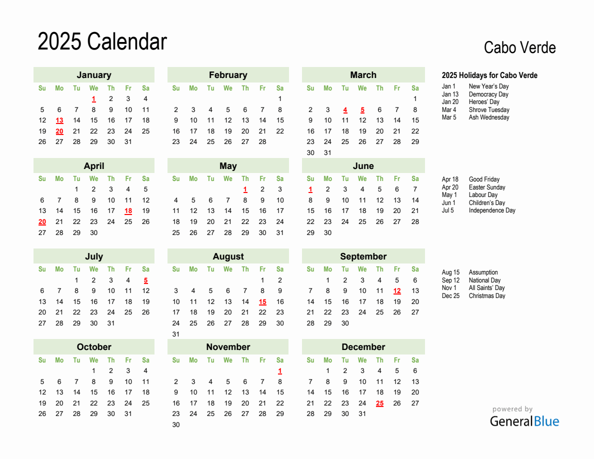 Holiday Calendar 2025 for Cabo Verde (Sunday Start)