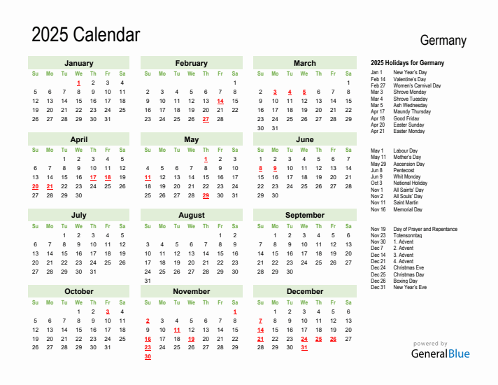 Holiday Calendar 2025 for Germany (Sunday Start)