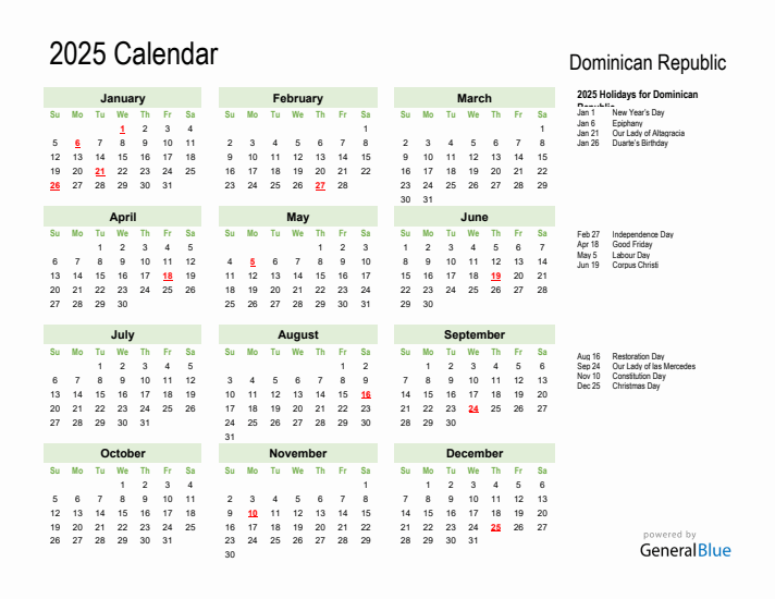 Holiday Calendar 2025 for Dominican Republic (Sunday Start)