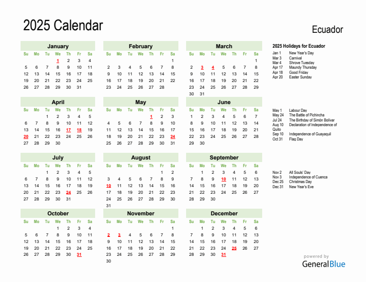 Holiday Calendar 2025 for Ecuador (Sunday Start)