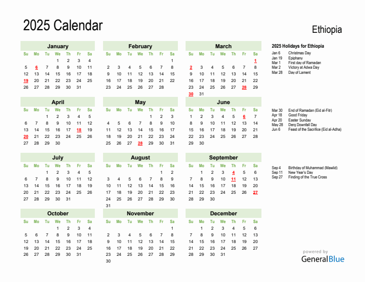 Holiday Calendar 2025 for Ethiopia (Sunday Start)
