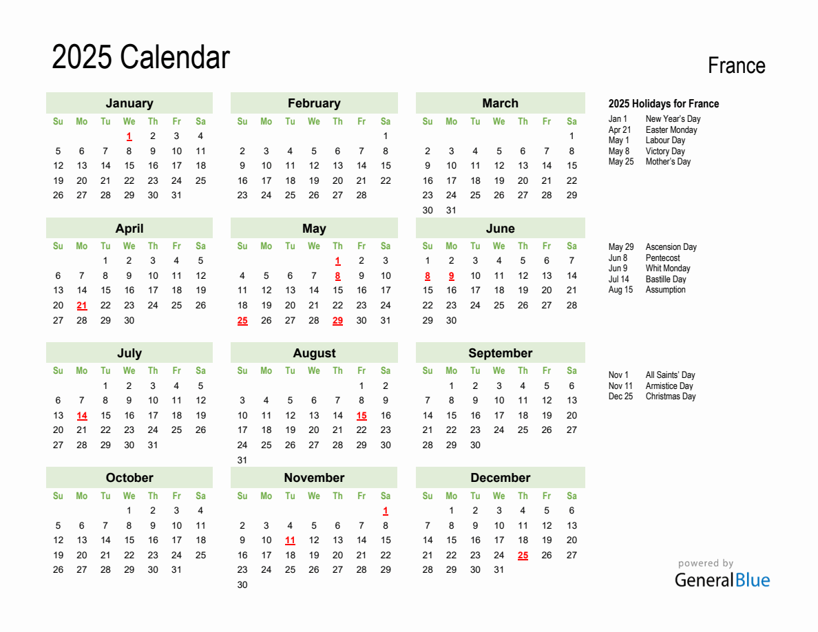 Holiday Calendar 2025 for France (Sunday Start)