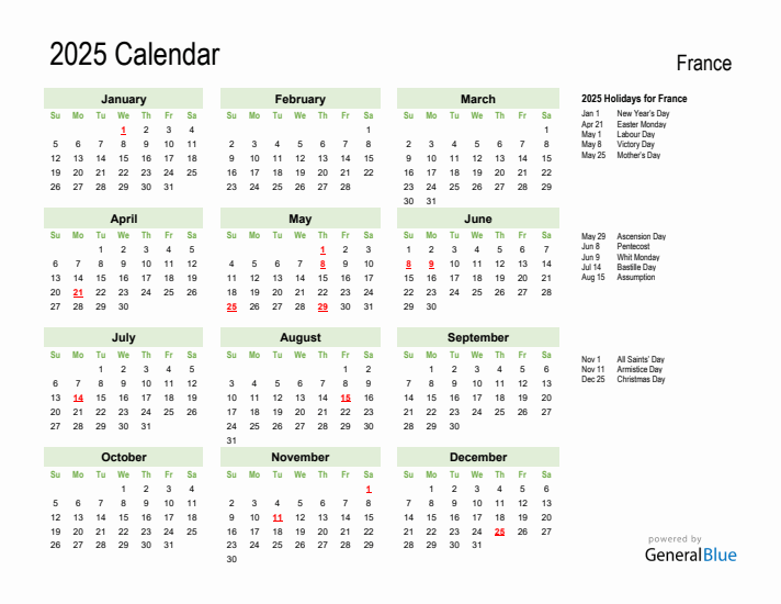 Holiday Calendar 2025 for France (Sunday Start)