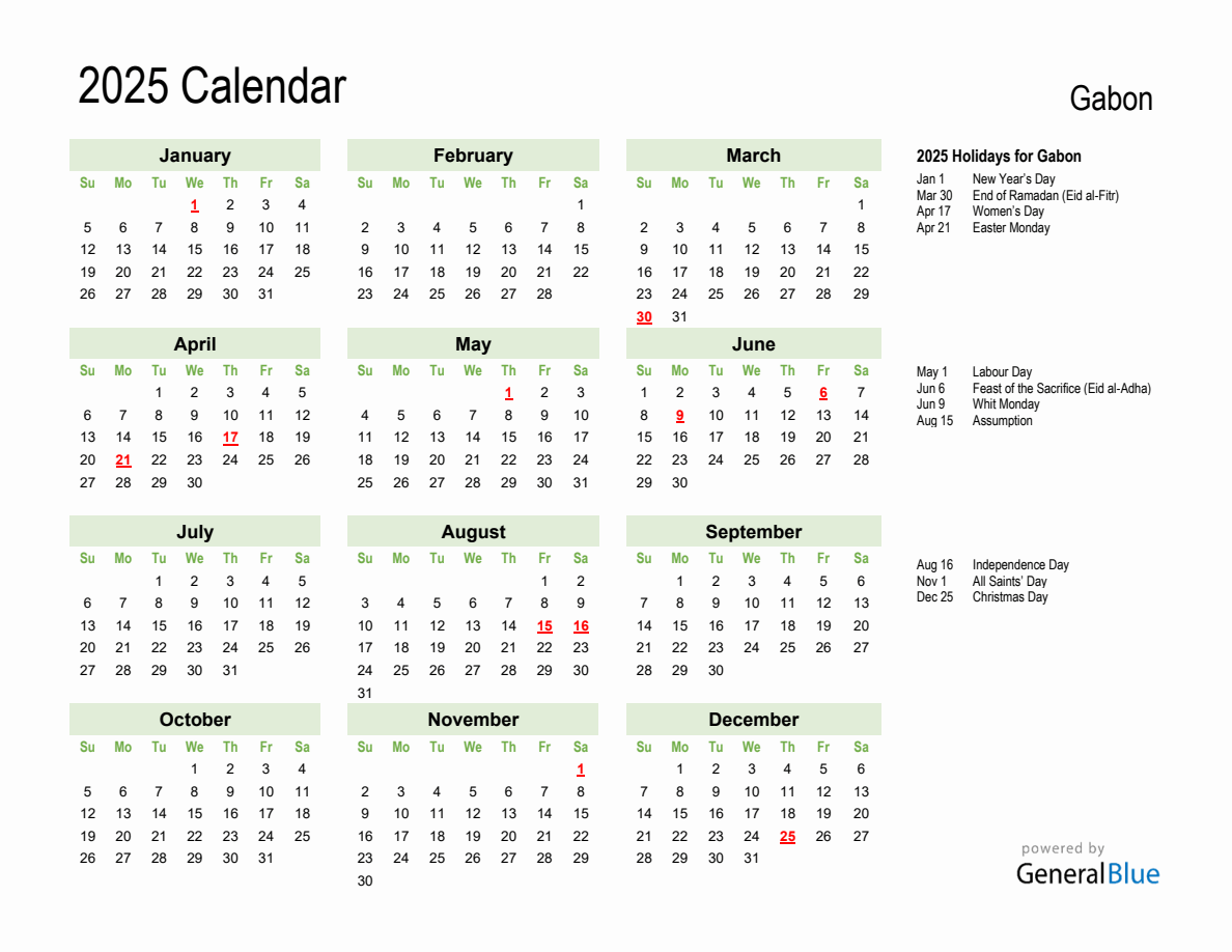 Holiday Calendar 2025 for Gabon (Sunday Start)