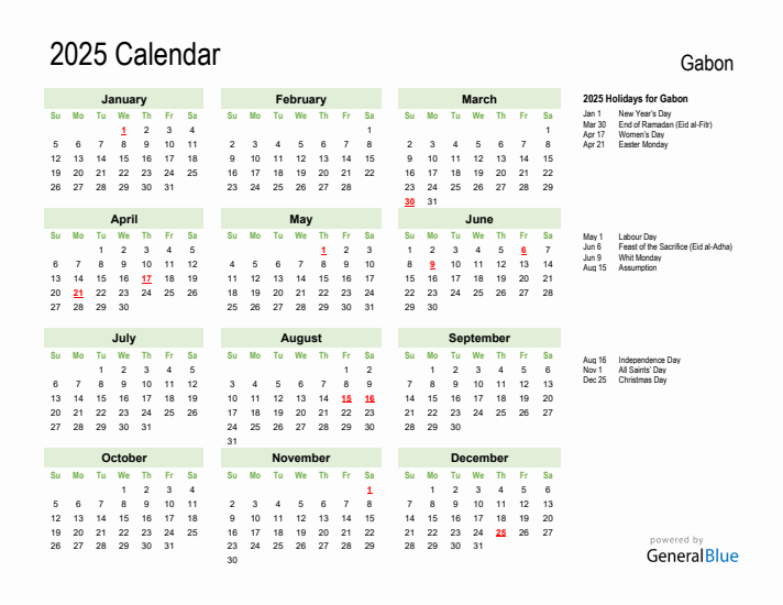 Holiday Calendar 2025 for Gabon (Sunday Start)