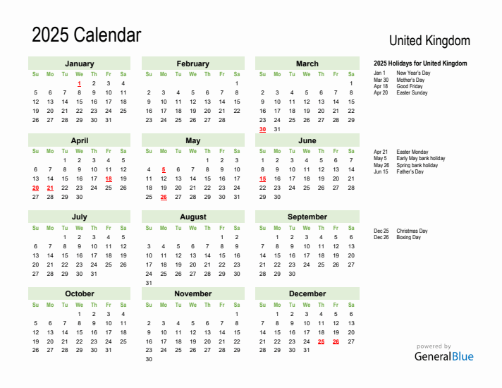 Holiday Calendar 2025 for United Kingdom (Sunday Start)