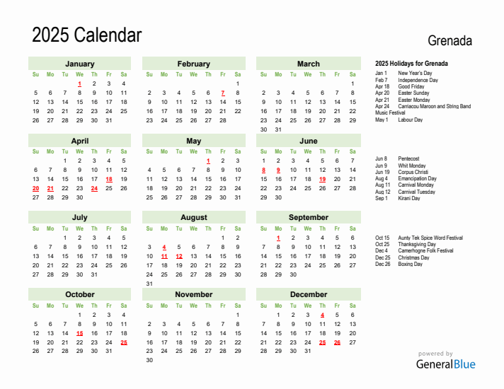 Holiday Calendar 2025 for Grenada (Sunday Start)