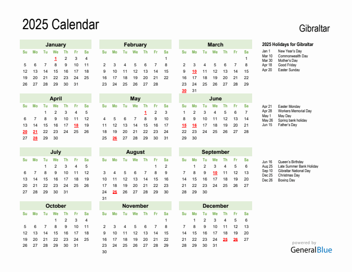 Holiday Calendar 2025 for Gibraltar (Sunday Start)