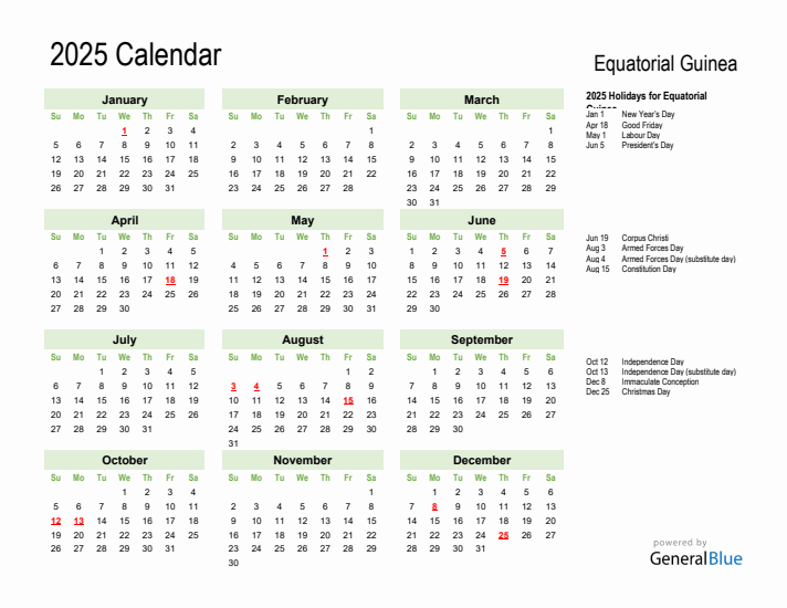 Holiday Calendar 2025 for Equatorial Guinea (Sunday Start)