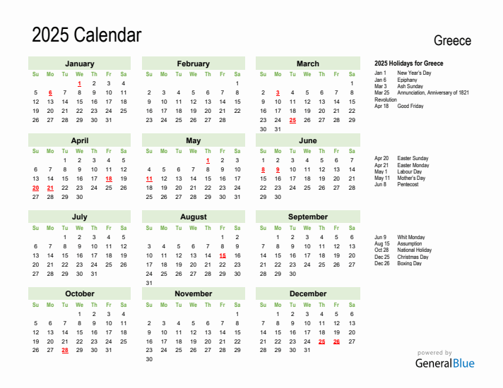 Holiday Calendar 2025 for Greece (Sunday Start)
