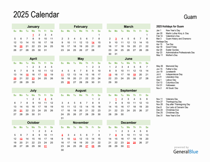 Holiday Calendar 2025 for Guam (Sunday Start)