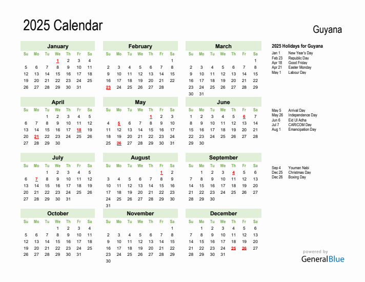 Holiday Calendar 2025 for Guyana (Sunday Start)