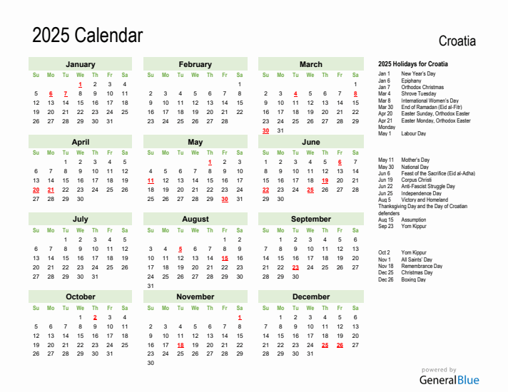 Holiday Calendar 2025 for Croatia (Sunday Start)