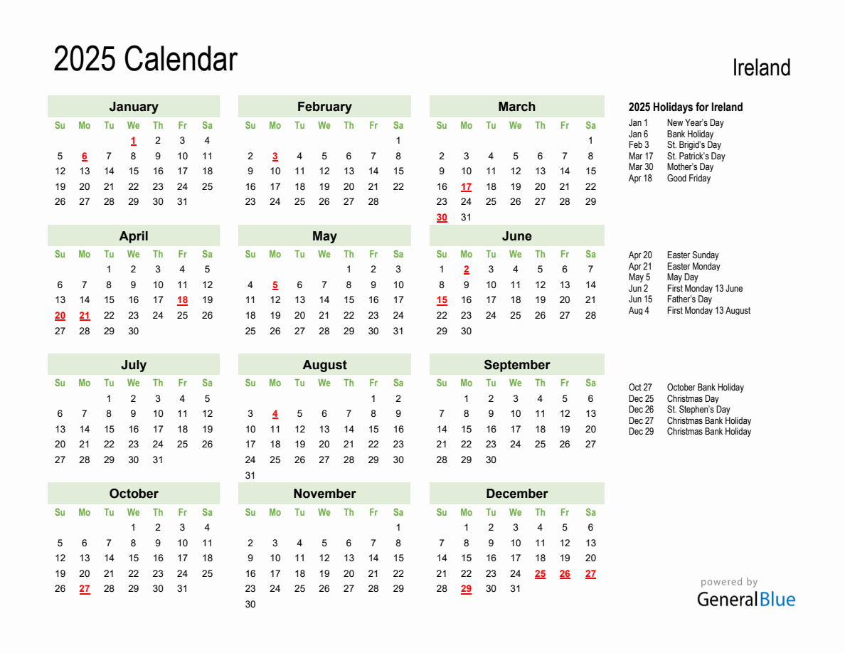 Holiday Calendar 2025 for Ireland (Sunday Start)