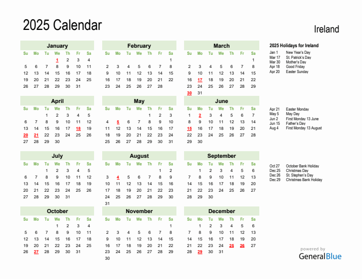 Holiday Calendar 2025 for Ireland (Sunday Start)