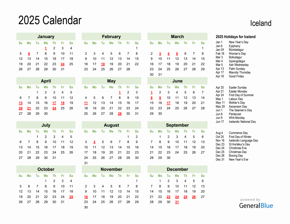 Holiday Calendar 2025 for Iceland (Sunday Start)