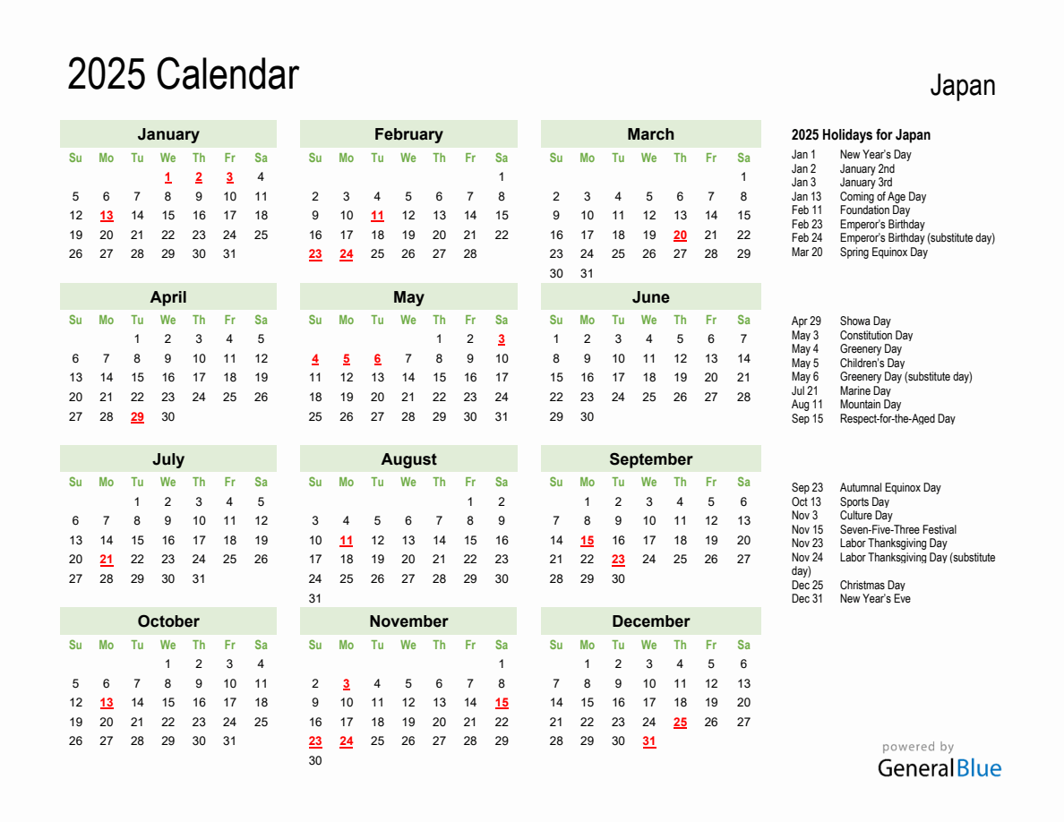 Holiday Calendar 2025 for Japan (Sunday Start)