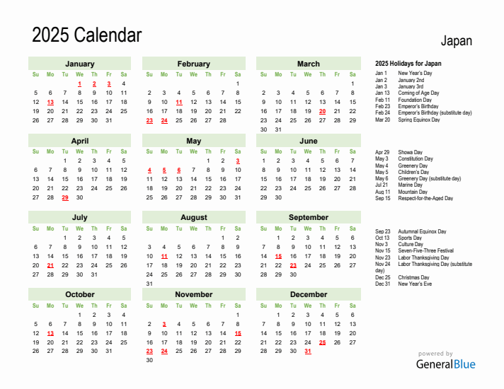 Holiday Calendar 2025 for Japan (Sunday Start)
