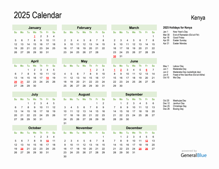 Holiday Calendar 2025 for Kenya (Sunday Start)