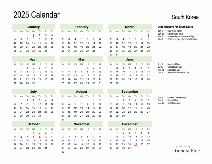 Holiday Calendar 2025 for South Korea (Sunday Start)