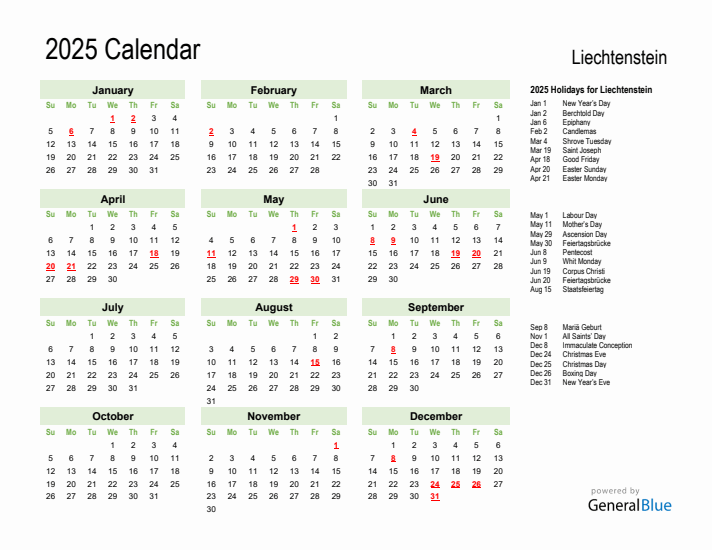 Holiday Calendar 2025 for Liechtenstein (Sunday Start)