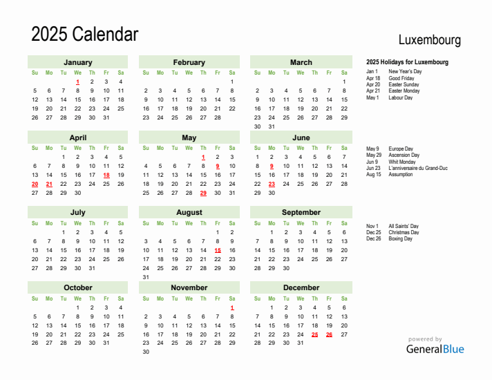 Holiday Calendar 2025 for Luxembourg (Sunday Start)