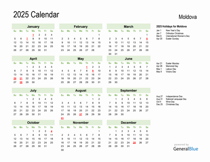 Holiday Calendar 2025 for Moldova (Sunday Start)
