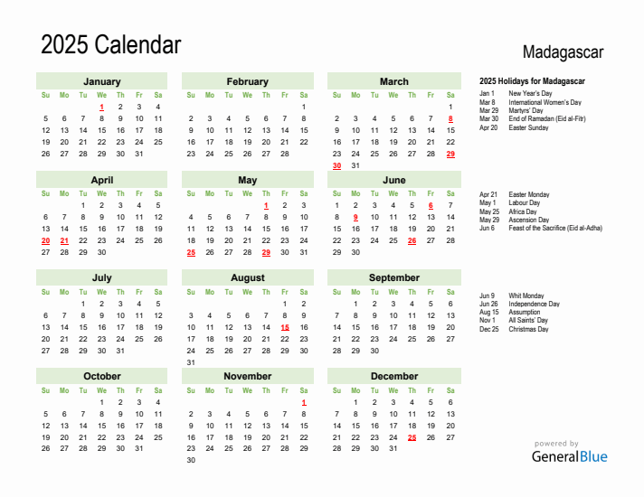 Holiday Calendar 2025 for Madagascar (Sunday Start)