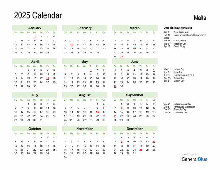 Holiday Calendar 2025 for Malta (Sunday Start)