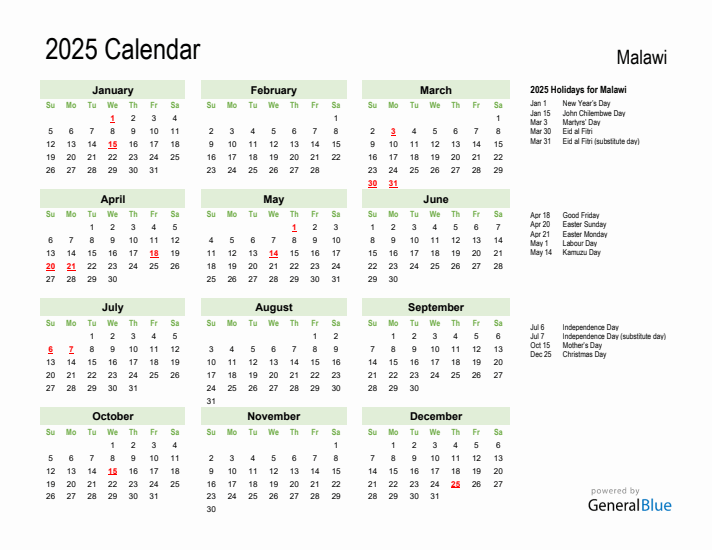 Holiday Calendar 2025 for Malawi (Sunday Start)